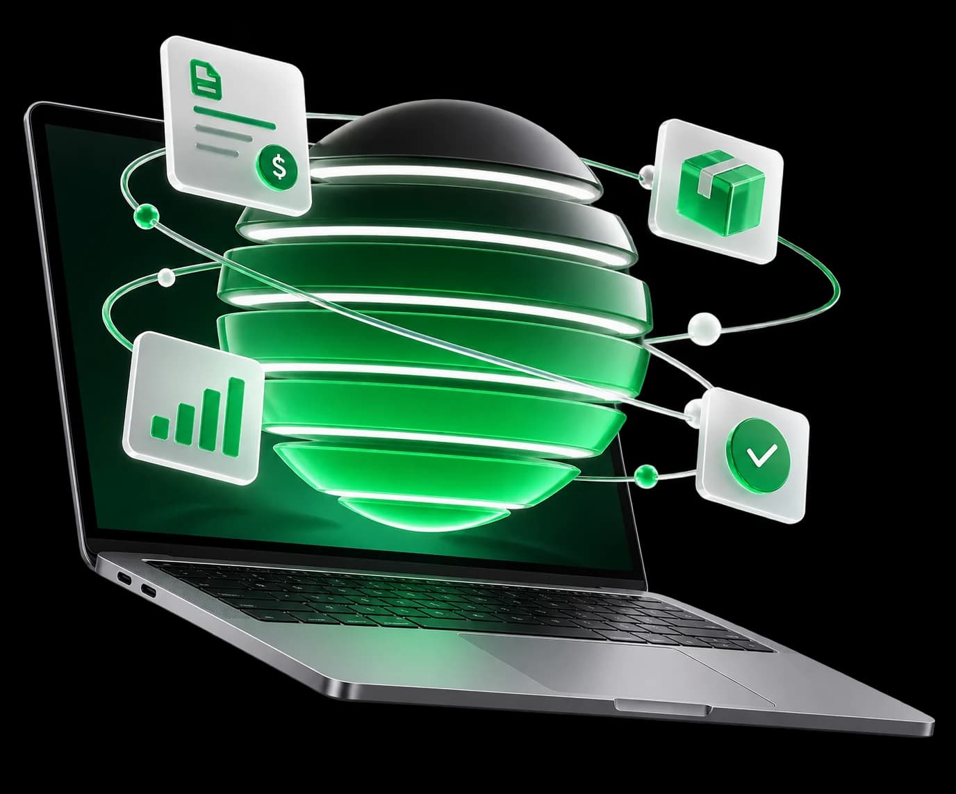 Laptop con los procesos de gestión de una empresa integrados en una sola plataforma